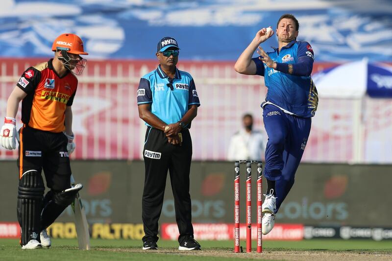 James Pattinson of Mumbai Indians bowls during match 17 of season 13 of the Dream 11 Indian Premier League (IPL) between the Mumbai Indians and the Sunrisers Hyderabad held at the Sharjah Cricket Stadium, Sharjah in the United Arab Emirates on the 4th October 2020.
Photo by: Deepak Malik  / Sportzpics for BCCI