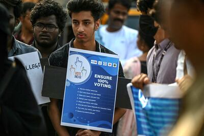 Students in Chennai attend a rally to raise awareness about the importance of voting in the elections. AFP
