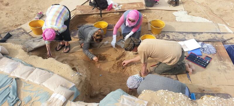 Excavating the tomb at Umm Al Quwain Al Shabika site. Courtesy Rania Kannouma, head of the archaeology department at UAQ Department of Tourism and Archaeology.