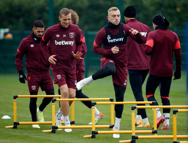 West Ham's Tomas Soucek and Jarrod Bowen at the Rush Green Training Centre in Romford, England, on Wednesday, November 24. Reuters