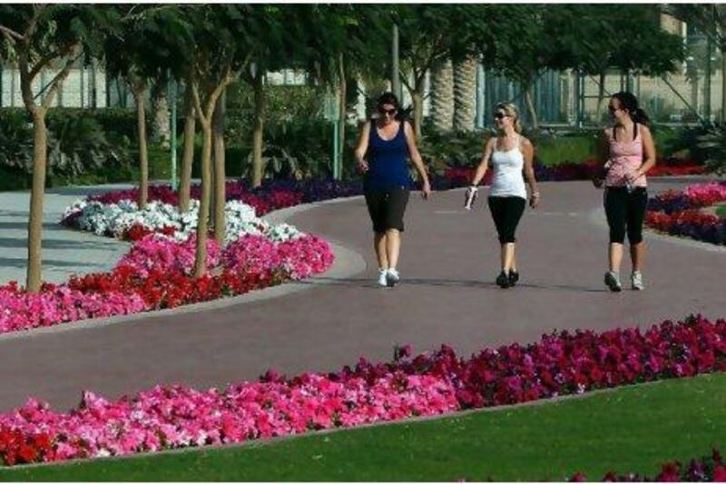 Whatever the leisure that is pursued, the Al Barsha Park in Dubai seems to be a magnet for all cultures. Walkers take the jogging track bedecked with flowers on either side.