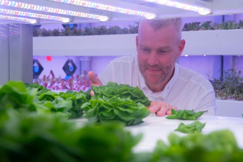 Executive chef Tobias Pfister looks at some of the farm's produce, which will enhance the dishes served at the property’s dining establishments, including Blue Jade, Splendido and Amaseena

