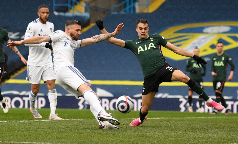 Stuart Dallas scores his Leeds' first goal. AP