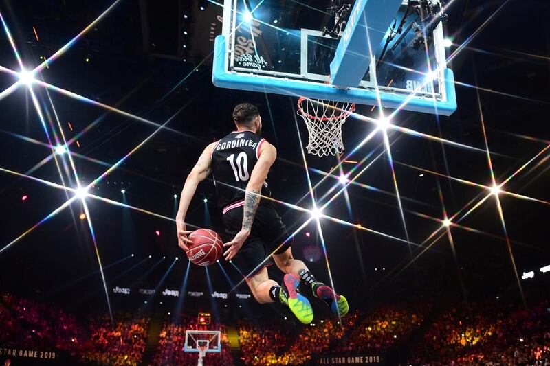 Isaia Cordinier tries to score during a match between "All Star France" and "All Star World" as part of the 34th LNB All Star Game LNB event at the AccorHotels Arena in Paris on Sunday, December 29. AFP