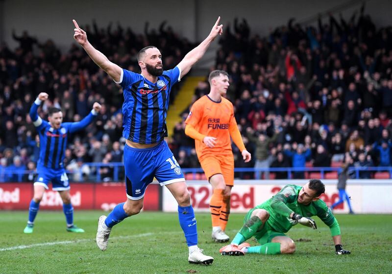 ROCHDALE, ENGLAND - JANUARY 04: Aaron Wilbraham of Rochdale celebrates after scoring his team's first goal during the FA Cup Third Round match between Rochdale AFC and Newcastle United at Spotland Stadium on January 04, 2020 in Rochdale, England. (Photo by Laurence Griffiths/Getty Images)