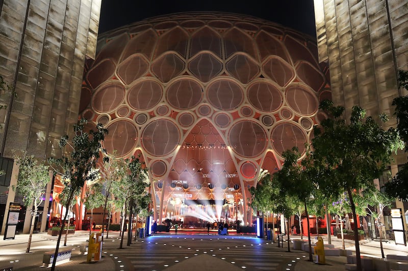 A view of Al Wasl dome after midnight at Expo 2020 Dubai when the site shuts down to visitors. Pawan Singh / The National  