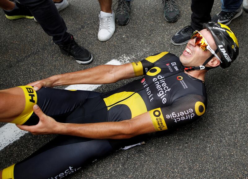Direct Energie rider Lilian Calmejane of France rode the last 5km of Stage 8 of the 2017 Tour de France with cramp.