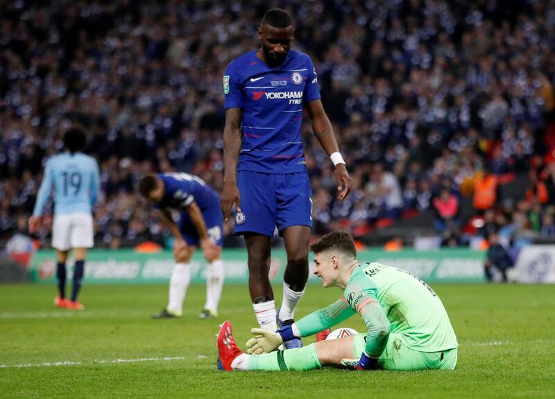Chelsea's Kepa Arrizabalaga goes down injured during the League Cup final. Action Images via Reuters