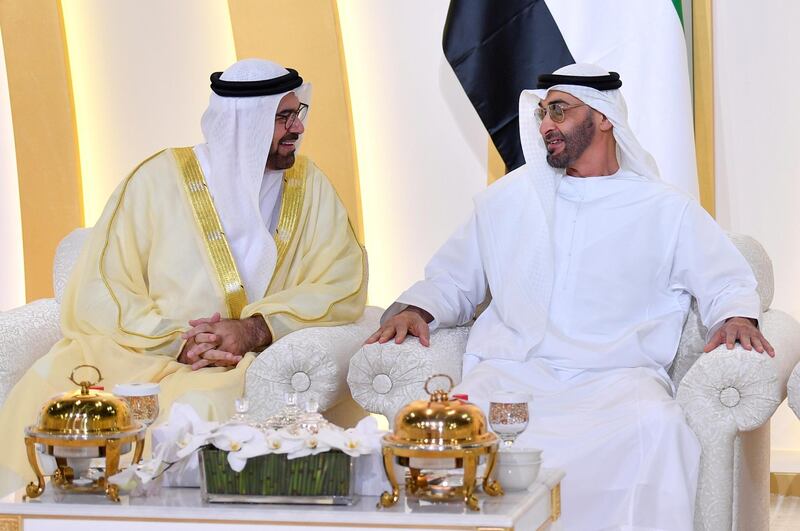 Sheikh Mohamed bin Zayed Al Nahyan, Crown Prince of Abu Dhabi and Deputy Supreme Commander of the UAE Armed Forces and Minister of Cabinet Affairs and the Future, Mohammed bin Abdullah Al Gergawi. Wam