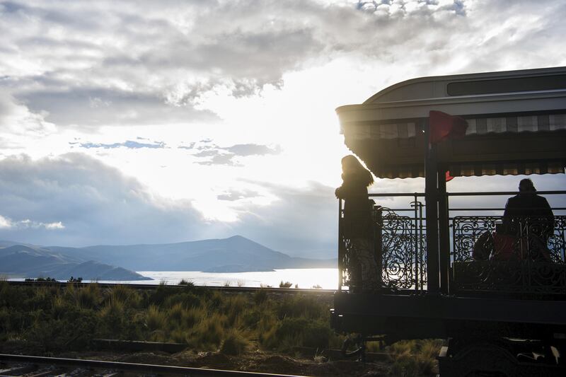 South America’s first luxury sleeper train, Belmond Andean Explorer, pictured at Lake Lagunillas, Peru, during its journey between Arequipa, Lake Titicaca and Cusco. The train cuts through some of the most breathtaking scenery in Peru and features 24 cabins, Peruvian cuisine by Executive Chef Diego Munoz, an elegant piano bar and outdoor observation car. Picture credit should read: Matt Crossick