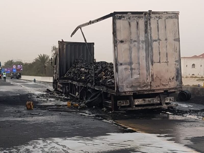 A lorry burst into flames on a Dubai motorway on Saturday morning. Photo: Dubai Police