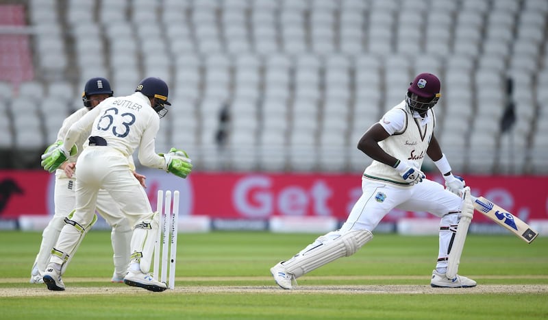 Jason Holder of West Indies is bowled by Dom Bess. Getty