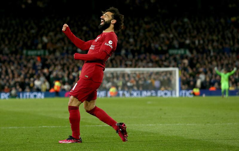 Mohamed Salah of Liverpool celebrates after scoring his second goal during the 6-1 Premier League win against Leeds United at Elland Road, April 17, 2023. EPA