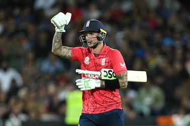 England's Alex Hales celebrates reaching a half century during the T20 World Cup semi-final match at the Adelaide Oval, Adelaide. Picture date: Thursday November 10, 2022.