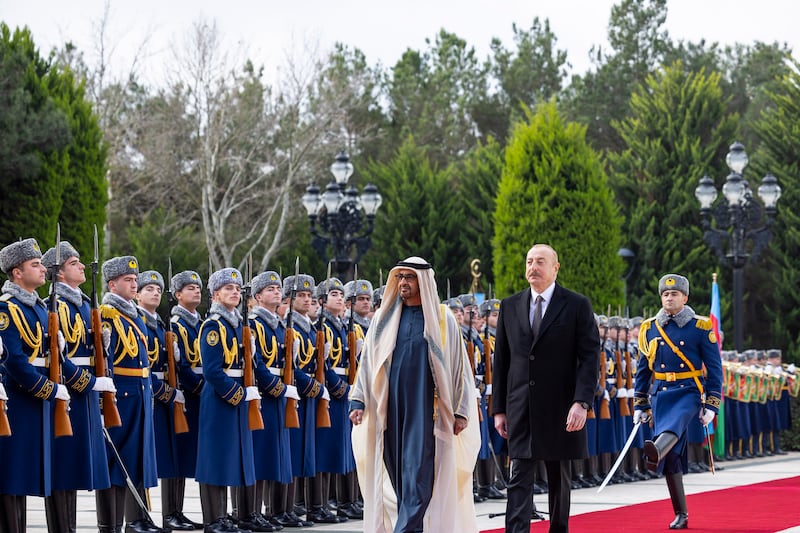 President Sheikh Mohamed is received by President Ilham Aliyev of Azerbaijan at Zagulba Presidential Residence