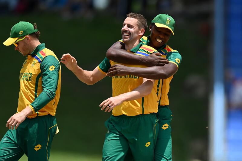 Anrich Nortje of South Africa celebrates with teammate Kagiso Rabada after taking the wicket of Corey Anderson of the USA in their 18-run win in the T20 Cricket World Cup Super Eight match at Sir Vivian Richards Stadium in Antigua on June 19, 2024. Getty Images