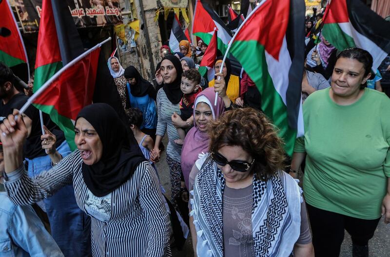 Palestinians protest against the Bahrain Conference, and the so-called 'century deal' during a rally organized by "factions of the Palestine Liberation Organization" and Fatah in the Bourj Barajneh Palestinian refugees camp, in southern suburb of Beirut, Lebanon.  EPA