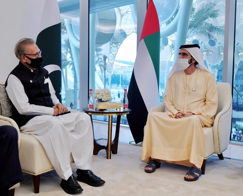 Sheikh Mohammed bin Rashid, Vice President and Ruler of Dubai, meets Pakistan President, Arif Alvi, at Expo 2020 Dubai. Photo: Dubai Media Office