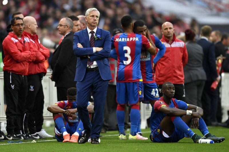 Alan Pardew manager of Crystal Palace looks dejected in defeat after the FA Cup Final match between Manchester United and Crystal Palace at Wembley Stadium on May 21, 2016 in London, England. Manchester United won 2-1 after extra time. (Mike Hewitt/Getty Images)