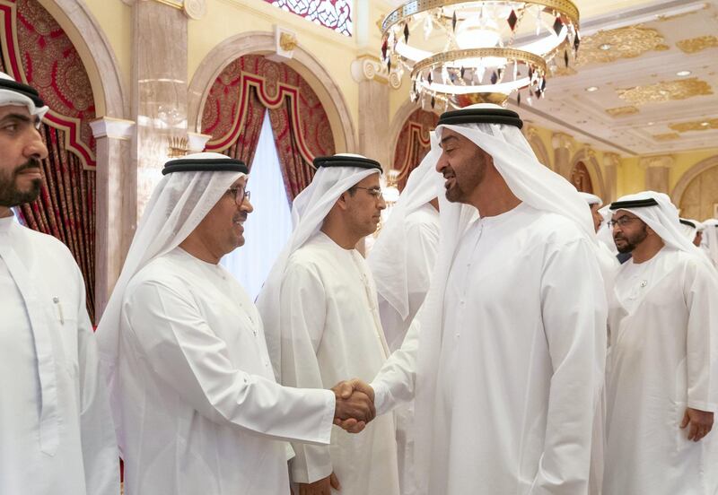 DUBAI, UNITED ARAB EMIRATES - May 19, 2019: HH Sheikh Mohamed bin Zayed Al Nahyan, Crown Prince of Abu Dhabi and Deputy Supreme Commander of the UAE Armed Forces (2nd R), greets a guest, during an iftar reception hosted by HH Sheikh Mohamed bin Rashid Al Maktoum, Vice-President, Prime Minister of the UAE, Ruler of Dubai and Minister of Defence (not shown), at Zabeel Palace. Seen with HH Sheikh Hamdan bin Zayed Al Nahyan, Ruler’s Representative in Al Dhafra Region (R).

( Mohamed Al Hammadi / Ministry of Presidential Affairs )
---