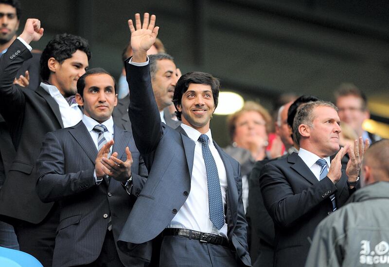 Manchester City owner Sheikh Mansour bin Zayed bin Sultan Al Nahyan waves from the stands prior to kick-off   (Photo by Nigel French - PA Images via Getty Images)