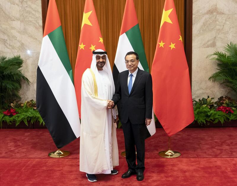 BEIJING, CHINA - July 22, 2018: HH Sheikh Mohamed bin Zayed Al Nahyan, Crown Prince of Abu Dhabi and Deputy Supreme Commander of the UAE Armed Forces (L) stands for a photograph with HE Li Keqiang, Premier of the State Council of China (R), at the Great Hall of the People.

( Rashed Al Mansoori / Ministry of Presidential Affairs )
---