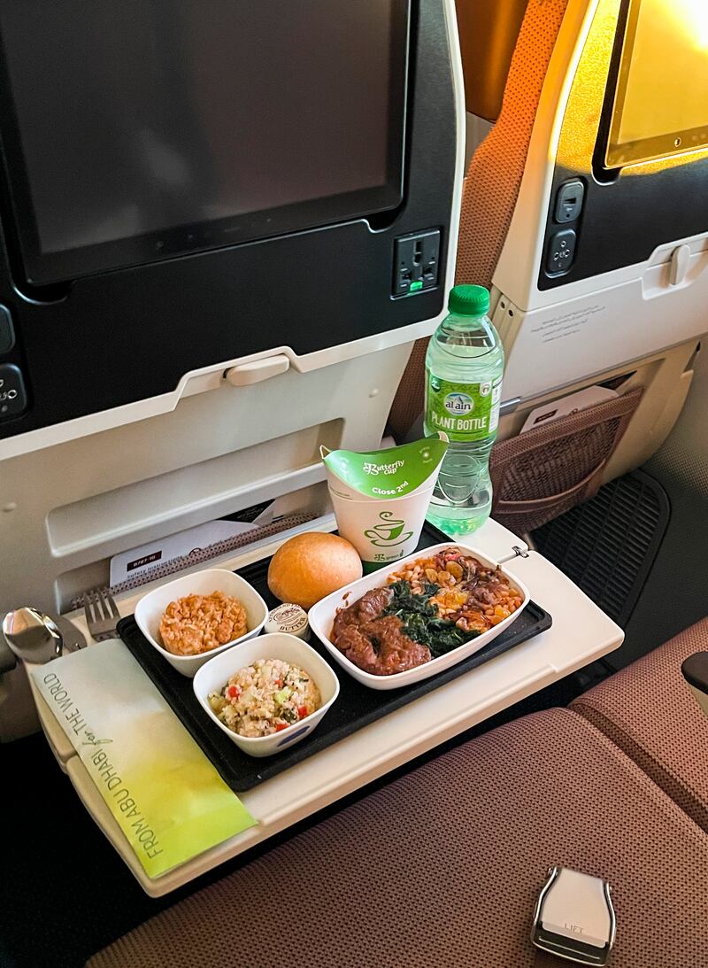 Plant-based water bottles, vegan meal choices and lightweight cutlery constituted the in-flight service