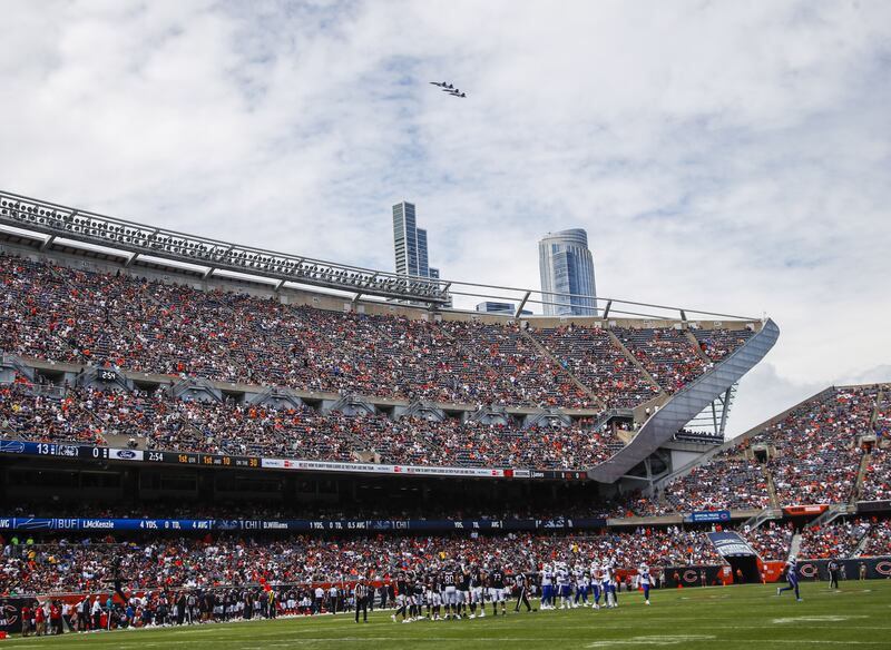 A Blue Angels flypast during an NFL pre-season game at Soldier Field in Chicago, Illinois. EPA