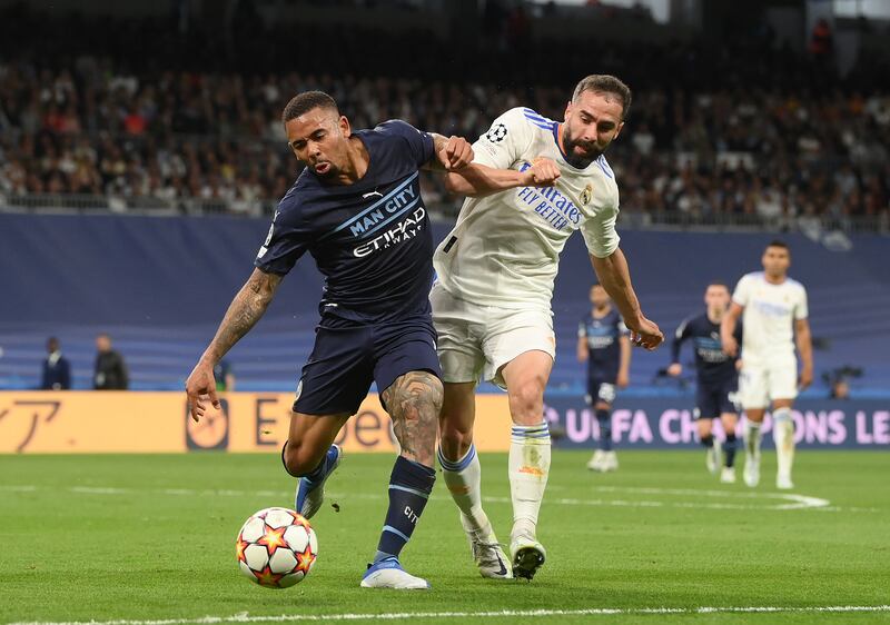 Gabriel Jesus battles for possession with Daniel Carvajal during the Champions League semi-final between Manchester City and Real Madrid. Getty