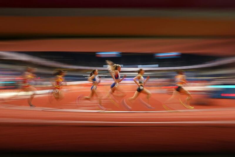 Eilish McColgan, centre, of Great Britain competes in the women’s 3,000 metres heats on Day 1 of the 2017 European Athletics Indoor Championships at the Kombank Arena on in Belgrade, Serbia. Alexander Hassenstein / Getty Images / March 3, 2017