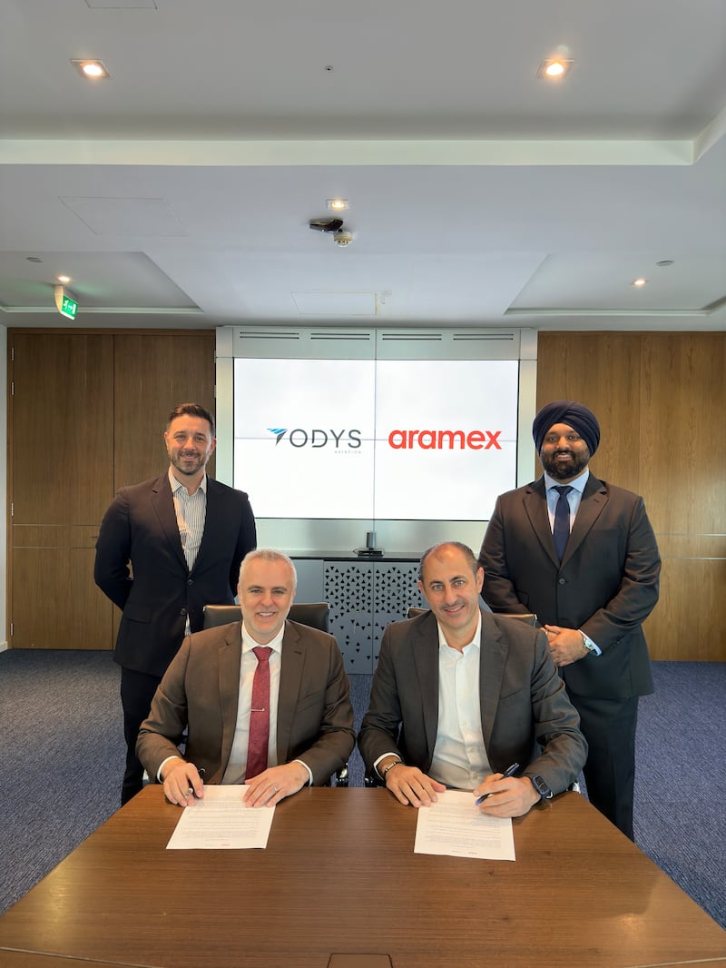 James Dorris, chief executive of Odys Aviation and Alaa Saoudi, Aramex’s chief operating officer for express, seated, with Vincent Frascogna, vice president of business development at Odys, and Angad Singh, global director of innovation at Aramex at the launch of the agreement. Photo: Aramex