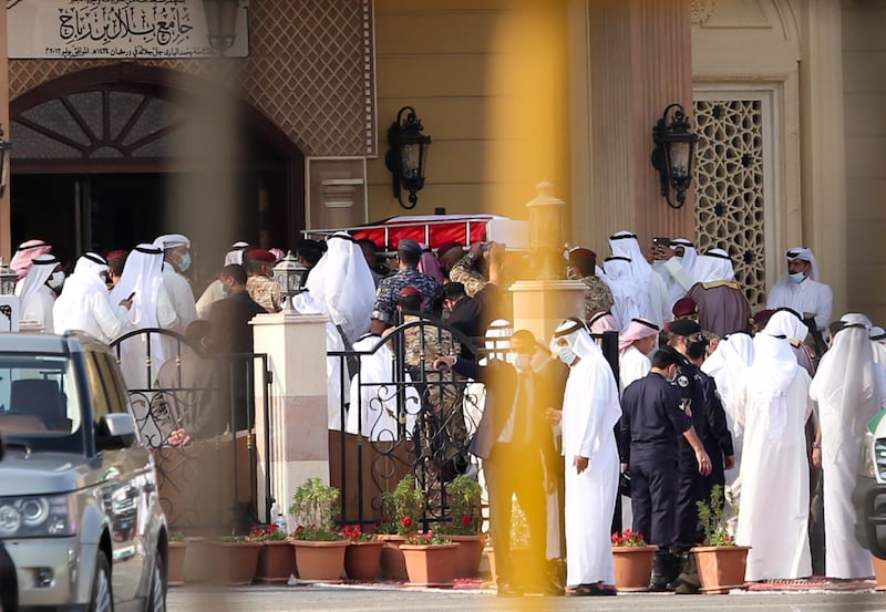 Officials and relatives carry the coffin of late Kuwaiti Emir Sheikh Sabah Al Sabah for funeral prayers at Bilal bin Rabah mosque in Kuwait City, Kuwait.  EPA