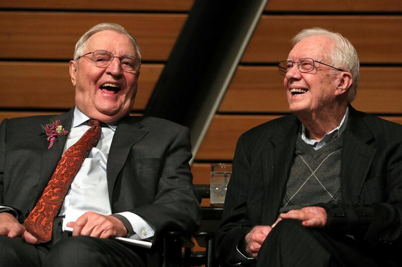 Mondale, left, sits onstage with former president Jimmy Carter during Mondale's 90th birthday celebration at the McNamara Alumni Centre at the University of Minnesota. Star Tribune via AP