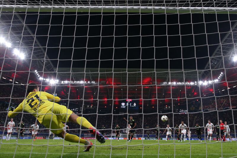 Real Madrid forward Rodrygo scores a penalty against RB Leipzig. AFP