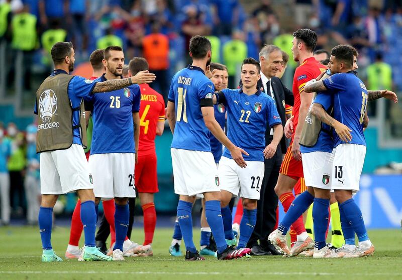 Italy players celebrate at the end of the Euro 2020 Group A match against Wales. PA