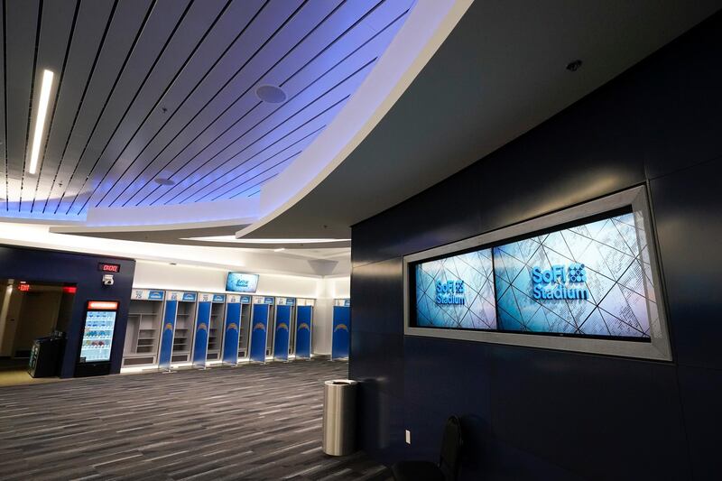 The Los Angeles Chargers' locker room stands inside SoFi Stadium. AP