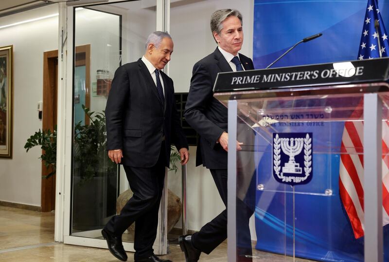 Israeli Prime Minister Benjamin Netanyahu and U.S. Secretary of State Antony Blinken arrive for a joint news conference in Jerusalem, May 25, 2021. Menahem Kahana/Pool via REUTERS REFILE - CORRECTING SPELLING OF FIRST NAME