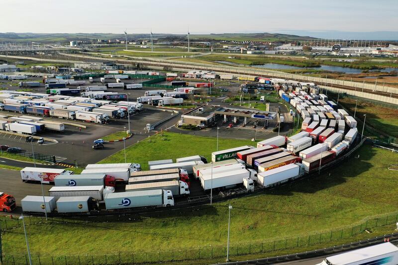Trucks queue to embark aboard the freight shuttle at Eurotunnel terminal in Coquelles near Calais, France. Reuters