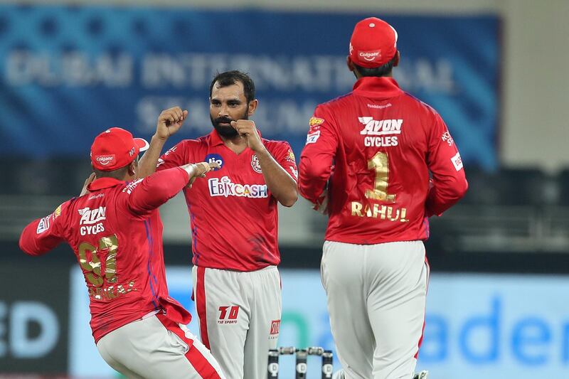 Mohammad Shami of Kings XI Punjab celebrates the wicket of Shimron Hetmyer of Delhi Capitals during match 2 of season 13 of Dream 11 Indian Premier League (IPL) between Delhi Capitals and Kings XI Punjab held at the Dubai International Cricket Stadium, Dubai in the United Arab Emirates on the 20th September 2020.  Photo by: Ron Gaunt  / Sportzpics for BCCI