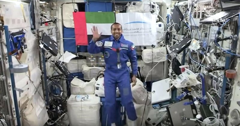 Emirati astronaut Maj Hazza Al Mansouri gives his audience on Earth a tour of the International Space Station. Screengrab via Youtube Live
