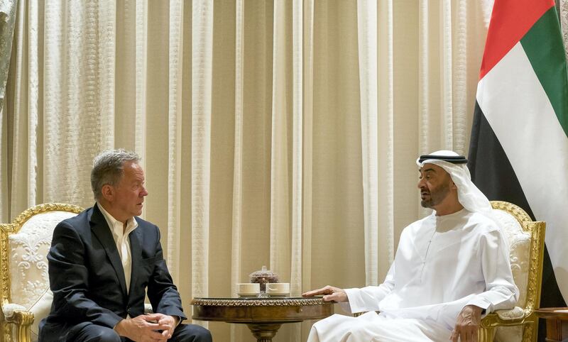 ABU DHABI, UNITED ARAB EMIRATES - July 26, 2018: HH Sheikh Mohamed bin Zayed Al Nahyan, Crown Prince of Abu Dhabi and Deputy Supreme Commander of the UAE Armed Forces (R), meets with David Beasley, Executive Director of the United Nations World Food Programme (WFP) (L), at Al Shati Palace.

( Rashed Al Mansoori / Ministry of Presidential Affairs )
---