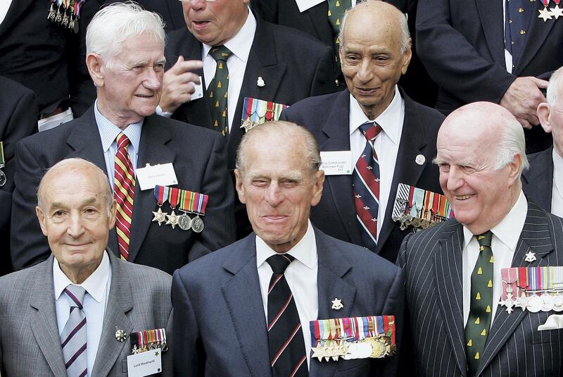 LONDON ? AUGUST 15: HRH the Duke of Edinburgh istands amongst World War II War Veterans as they gather to commemorate the 60th anniversary of VJ Day which marked the end of the war,  at the Imperial War Museum on  August 15, 2005 in London, England.  (Photo by Chris Jackson/Getty Images)