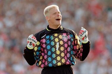 GOTHENBURG, SWEDEN - JUNE 26:  Peter Schmeichel of Denmark celebrates during the UEFA European Championships 1992 Final between Denmark and Germany held at the Ullevi Stadium on June 26, 1992 in Gothernburg, Sweden. (Photo by Billy Stickland/Allsport/Getty Images)