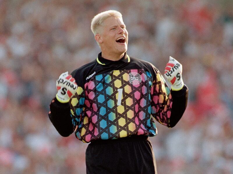 Peter Schmeichel of Denmark celebrates a goal against Germany in the final of Euro '92 in Gothernburg, Sweden. Getty Images