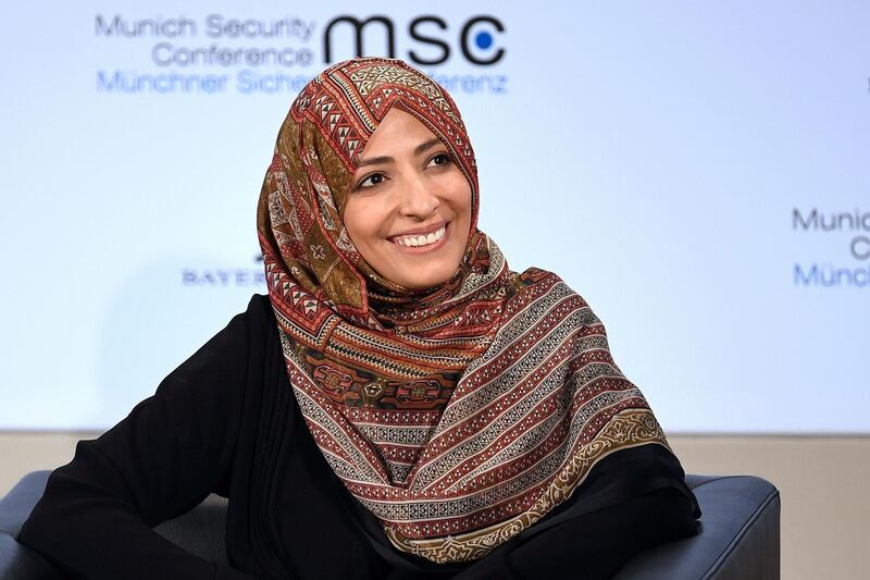FILE PHOTO: Women Journalists Without Chains co-founder and Nobel Peace Prize laureate Tawakkol Karman attends the annual Munich Security Conference in Munich, Germany February 17, 2019. REUTERS/Andreas Gebert/File Photo