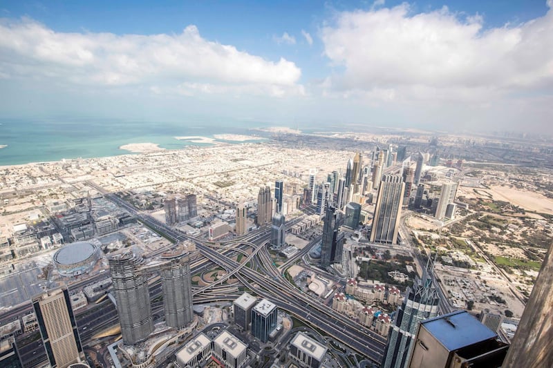 DUBAI, UNITED ARAB EMIRATES - A view from the open deck from 152 floor of The Lounge at the unveiling of The Lounge at Burj Khalifa.  Leslie Pableo for The National