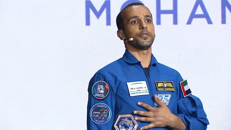 Maj Hazza Al Mansouri, the first Emirati in space, at Expo 2020 Dubai.