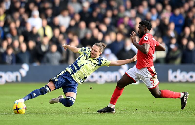 Luke Ayling of Leeds United is challenged by Orel Mangala of Nottingham Forest. Getty 