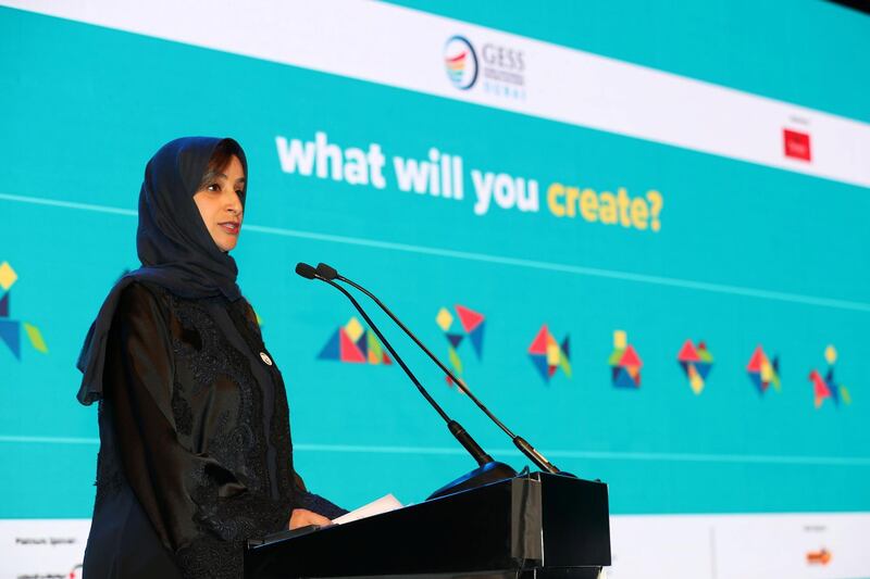 Dubai, United Arab Emirates - February 26, 2019: Minister of public education HH Jameela Al Muhairi speaks during GESS Dubai 2019, the MENA regionÕs largest and leading education show. Tuesday the 26th of February 2019 at World trade centre, Dubai. Chris Whiteoak / The National