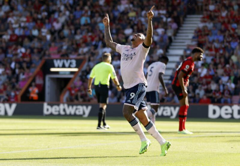 Arsenal's Gabriel Jesus celebrates after the second goal. PA